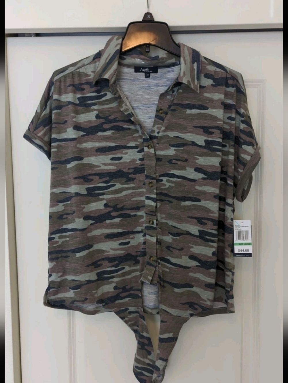 Angels Forever Young Jungle Camouflage Cropped Button Up Blouse Size L NWT